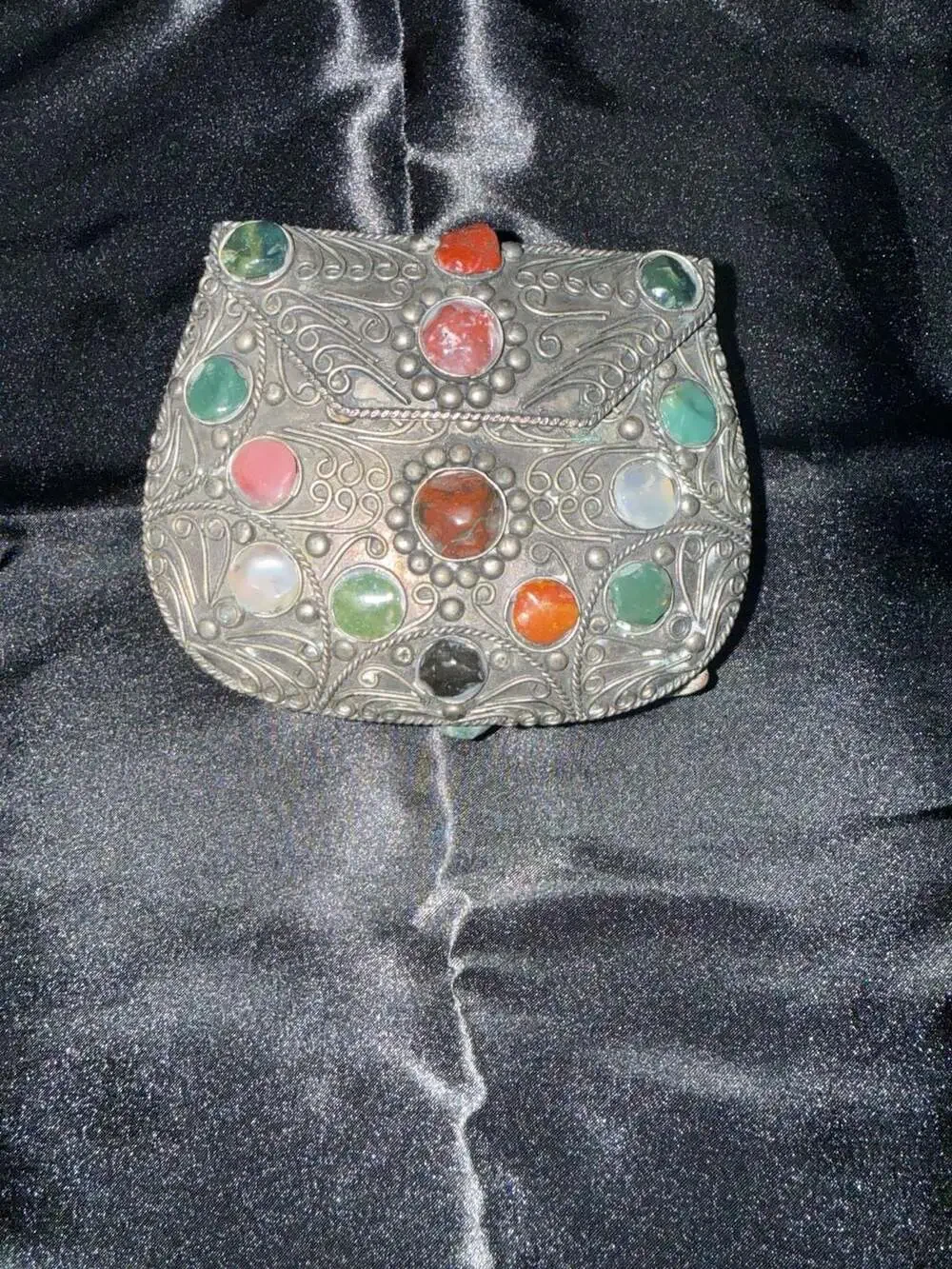 Vintage Sajai Metal Purse With Natural Agate Jasper Stones